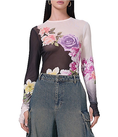 AFRM Kaylee Floral Printed Mesh Crew Neck Long Sleeve Top