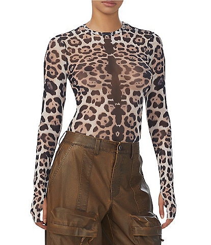AFRM Kaylee Leopard Printed Power Mesh Crew Neck Long Sleeve Shirt