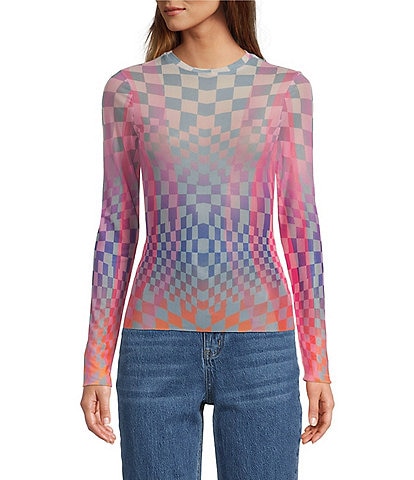 AFRM Kaylee Printed Grid Ombre Mesh Crew Neck Long Sleeve Top