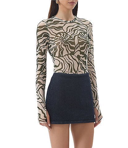 AFRM Kaylee Printed Mesh Crew Neck Long Sleeve Top