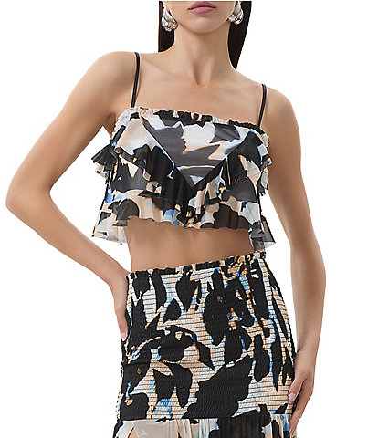 AFRM Koin Floral Mesh Square Neck Sleeveless Ruffle Crop Top