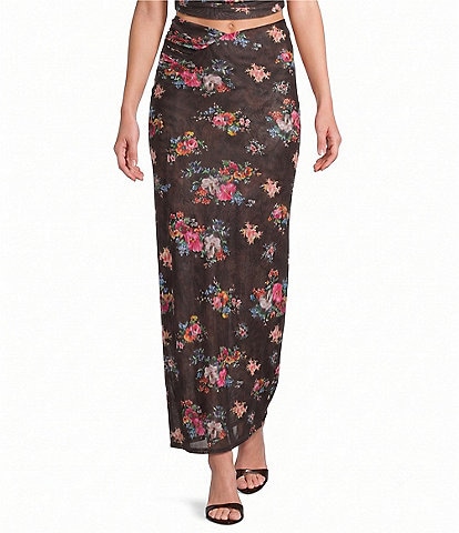 AFRM Laconia Snake Floral Printed Mesh Coordinating Maxi Skirt