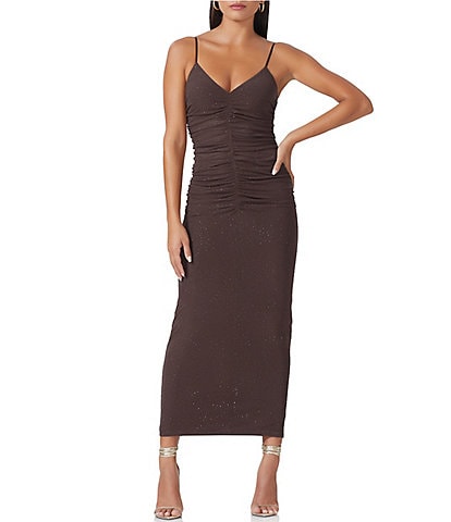 AFRM Lupita Mesh Rhinestone Rushed Illusion V-Neck Sleeveless Midi Sheath Dress