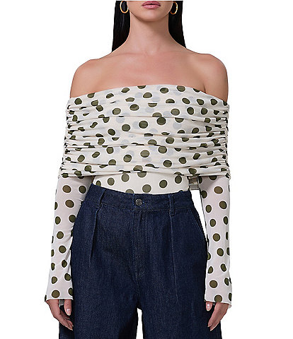 AFRM Maxine Printed Dot Mesh Off The Shoulder Long Sleeve Bodysuit