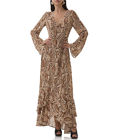 AFRM Mimi Snake Print Surplice V-Neck Long Sleeve Faux Wrap Maxi Dress
