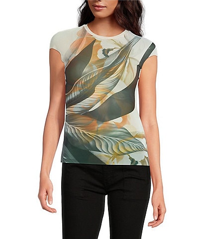 AFRM Nina Floral Leaf Printed Power Mesh Knit Crew Neck Short Sleeve Top