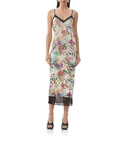AFRM Nissa Floral Mesh V-Neck Sleeveless Spaghetti Strap Lace Trim Sheath Dress