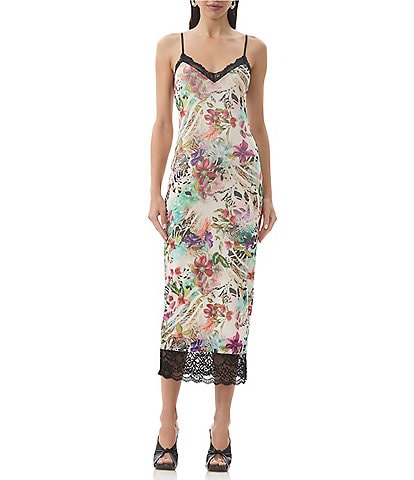 AFRM Nissa Floral Mesh V-Neck Sleeveless Spaghetti Strap Lace Trim Sheath Dress
