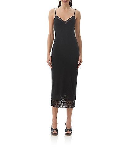 AFRM Nissa Mesh V-Neck Sleeveless Spaghetti Strap Lace Trim Sheath Dress