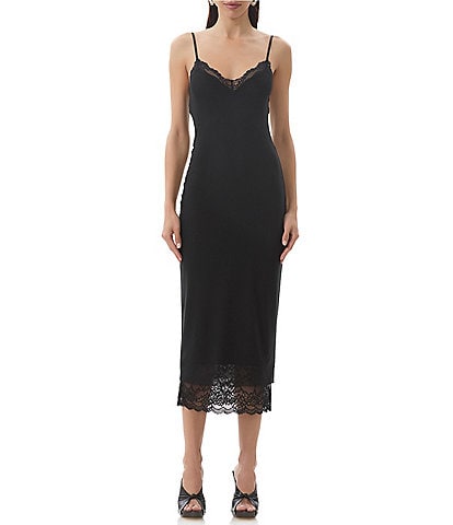 AFRM Nissa Mesh V-Neck Sleeveless Spaghetti Strap Lace Trim Sheath Dress