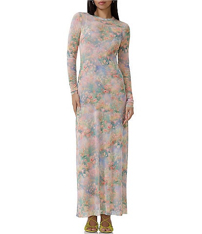AFRM Paola Floral Print Crew Neck Long Sleeve Ankle Mesh Dress