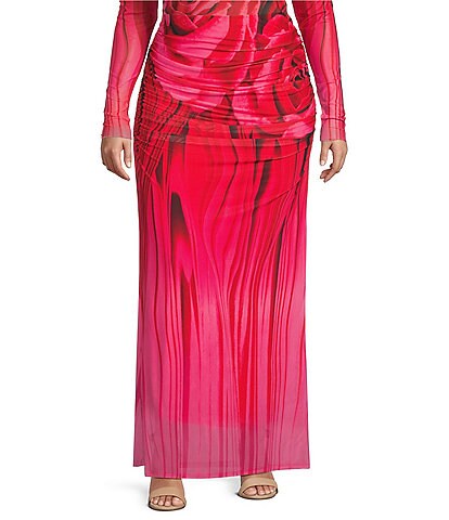 AFRM Plus Bevin Floral Printed Ruched Mesh Maxi Skirt