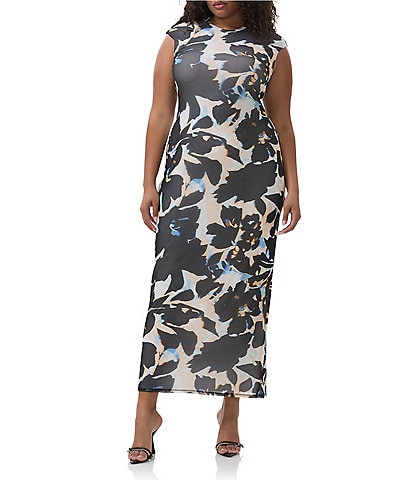 AFRM Plus Cody Floral Mesh Crew Neck Cap Sleeves Maxi Dress