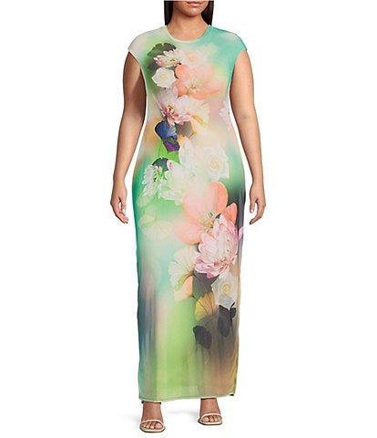 AFRM Plus Cody Floral Placement Print Mesh Crew Neck Cap Sleeve Maxi Dress