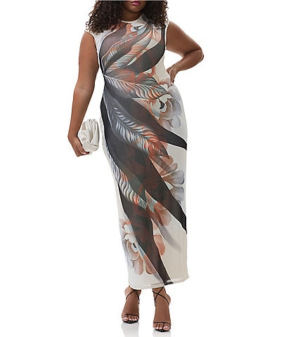 AFRM Plus Cody Leaf Print Mesh Crew Neck Cap Sleeve Maxi Dress