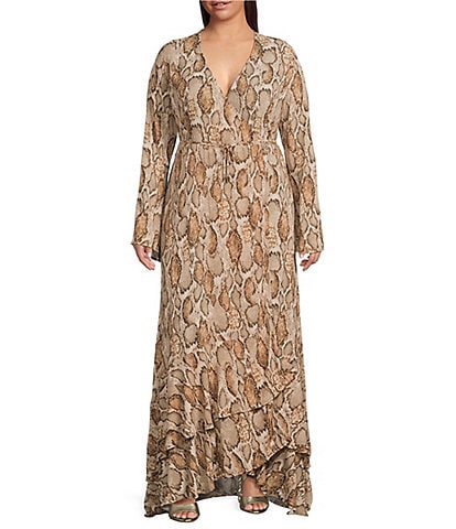 AFRM Plus Mimi Snake Print Surplice V-Neck Long Sleeve Faux Wrap Maxi Dress