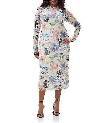 AFRM Plus Size Ashland Printed Mesh Crew Neck Long Sleeve Sheath Midi Dress