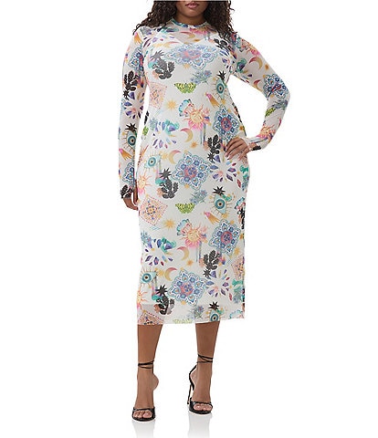 AFRM Plus Size Ashland Printed Mesh Crew Neck Long Sleeve Sheath Midi Dress