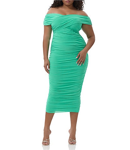 AFRM Plus Size Belmont Mesh Jersey Off-The-Shoulder Ruched Sheath Midi Dress