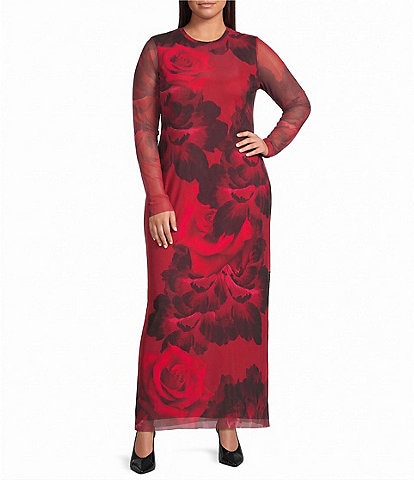 AFRM Plus Size Didi Holiday Rose Printed Crew Neck Long Sleeve Mesh Maxi Dress