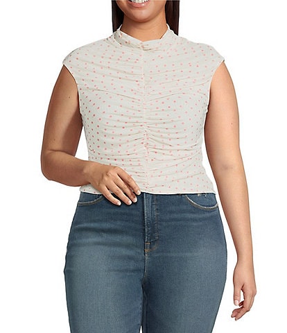 AFRM Plus Size Jolie Dotted Print Mesh Knit Ruched Mock Neck Short Sleeve Top