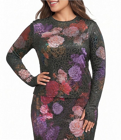AFRM Plus Size Kaylee Rose Printed Burnout Velvet Mesh Crew Neck Long Sleeve Coordinating Top