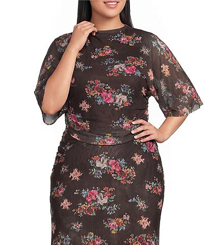 AFRM Plus Size Khylie Snake Floral Printed Mock Neck Short Sleeve Coordinating Mesh Top