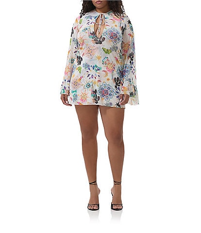 AFRM Plus Size Kori Printed Mesh Crew Neck Front Keyhole Long Bell Sleeve Mini Dress