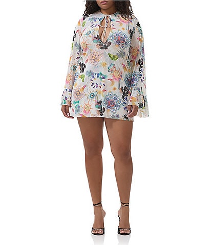 AFRM Plus Size Kori Printed Mesh Crew Neck Front Keyhole Long Bell Sleeve Mini Dress