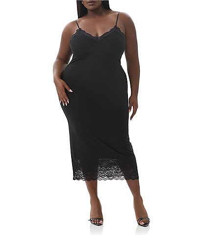 AFRM Plus Size Nissa Mesh V-Neck Sleeveless Spaghetti Strap Lace Trim Sheath Dress
