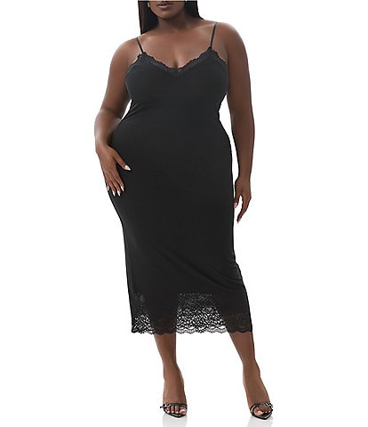 AFRM Plus Size Nissa Mesh V-Neck Sleeveless Spaghetti Strap Lace Trim Sheath Dress