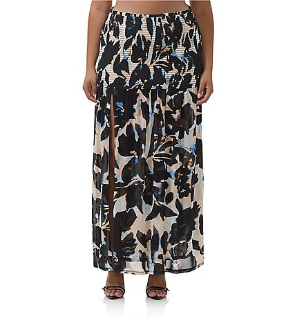 AFRM Plus Size Quincy Floral Mesh Smocked Slit Detail Maxi Skirt