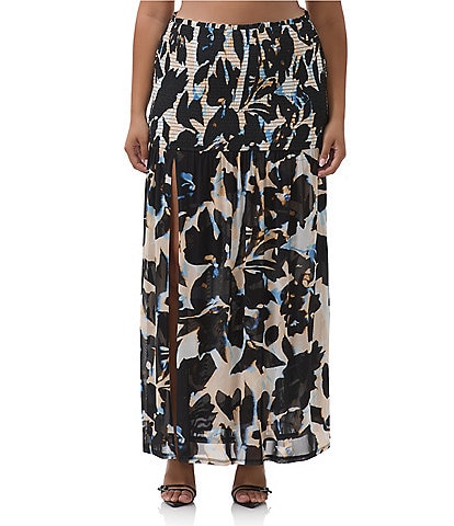 AFRM Plus Size Quincy Floral Mesh Smocked Slit Detail Coordinating Maxi Skirt