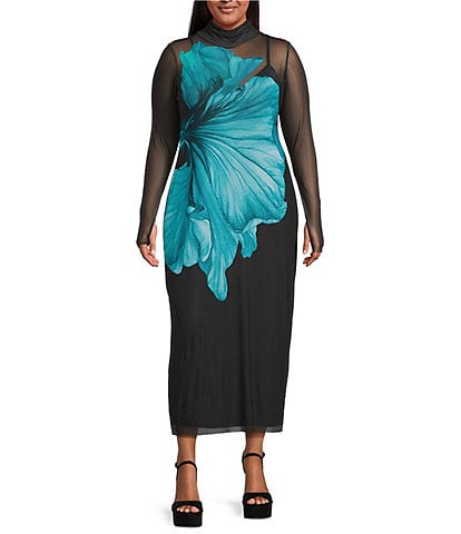 AFRM Plus Size Shailene Floral Print Turtleneck Long Sleeve Mesh Midi Dress