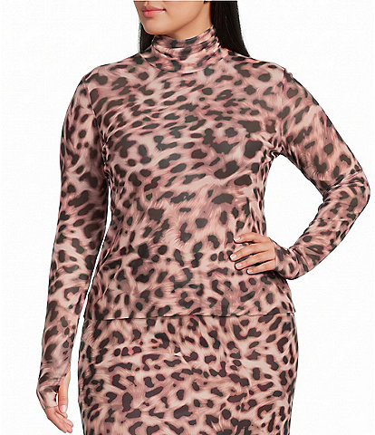 AFRM Plus Size Zadie Leopard Printed Mock Neck Long Sleeve Coordinating Mesh Top