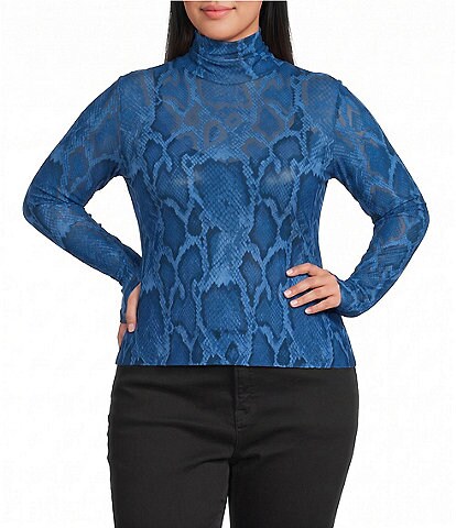 AFRM Plus Size Zadie Snake Printed Mock Neck Long Sleeve Mesh Top