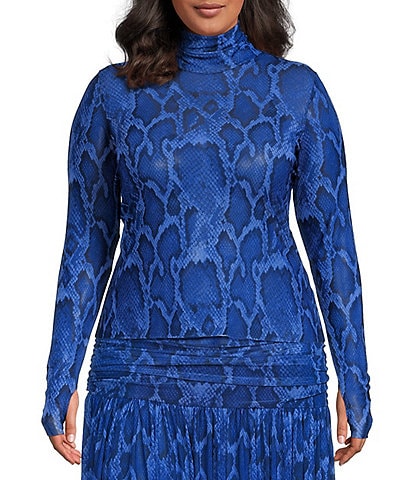 AFRM Plus Size Zadie Snake Printed Mock Neck Long Sleeve Mesh Top