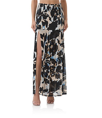 AFRM Quincy Floral Mesh Smocked Slit Detail Maxi Skirt