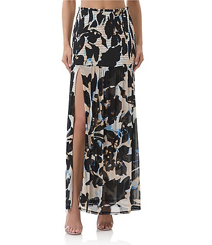 AFRM Quincy Floral Mesh Smocked Slit Detail Coordinating Maxi Skirt