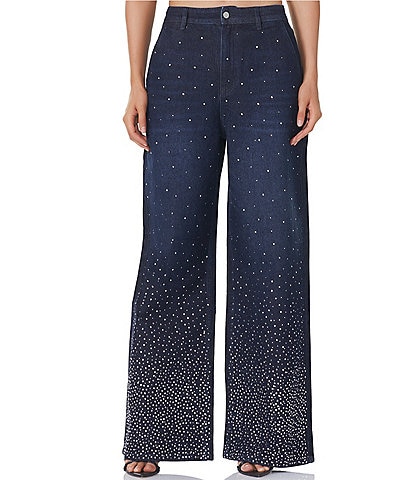 AFRM Ronny Denim Rhinestone High Rise Relaxed Wide Leg Coordinating Jeans