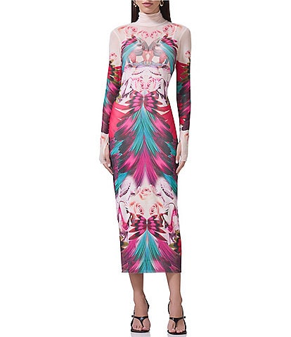 AFRM Shailene Feather Printed Turtleneck Long Sleeve Midi Dress