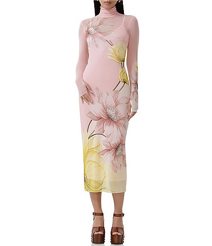 AFRM Shailene Floral Print Turtleneck Long Sleeve Midi Dress
