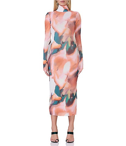 AFRM Shailene Mesh Abstract Print Turtleneck Long Sleeve Bodycon Midi Dress