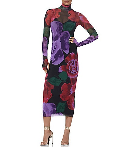 AFRM Shailene Power Mesh Floral Printed Turtle Neck Long Sleeve Bodycon Midi Dress