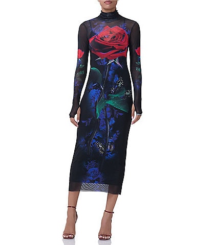 AFRM Shailene Printed Mesh Turtleneck Long Sleeve Midi Dress