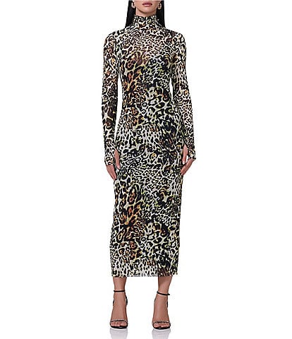 AFRM Shailene Printed Mesh Turtleneck Long Sleeve Midi Dress