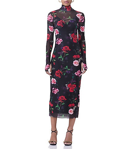 AFRM Shailene Printed Mesh Turtleneck Long Sleeve Midi Dress