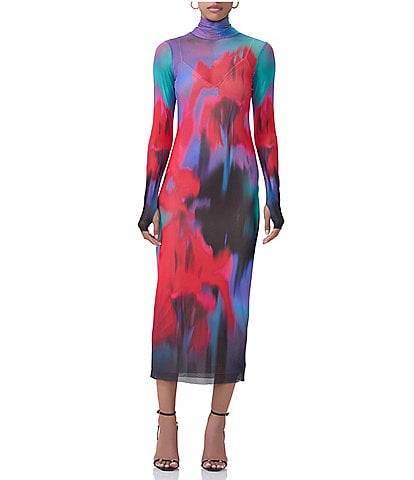 AFRM Shailene Printed Mesh Turtleneck Long Sleeve Midi Dress