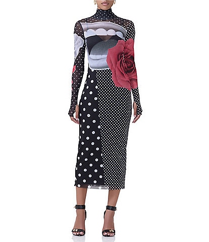 AFRM Shailene Printed Mesh Turtleneck Long Sleeve Midi Dress