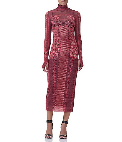 AFRM Shailene Printed Mesh Turtleneck Long Sleeve Midi Dress